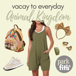 Army green romper and tennis shoes accessorized for a day at Disney's Animal Kingdom