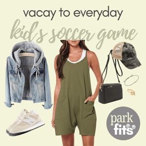 Army green romper and tennis shoes accessorized for a morning at your kid's soccer game