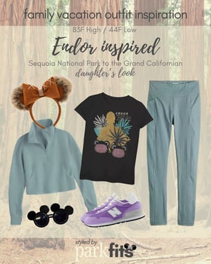 Daughter's outfit inspired by Star Wars & Endor for Sequoia National Park and travel to Disney's Grand Californian Hotel & Spa