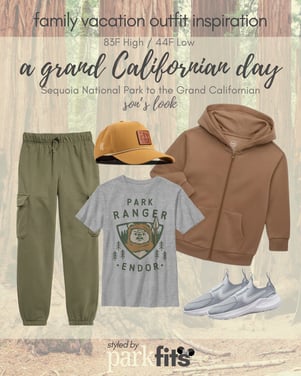 Son's outfit inspired by Star Wars & Endor for Sequoia National Park and travel to Disney's Grand Californian Hotel & Spa