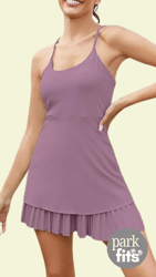 women's purple athletic dress with spaghetti straps and pleated skirt