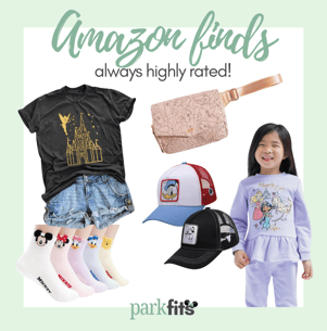 Amazon finds with Tinkerbell & castle tee, cute character crew socks, Freshly Picked princess belt bag, Steamboat Willie & Donald trucker hats, and happily ever after princess sweatsuit for girls