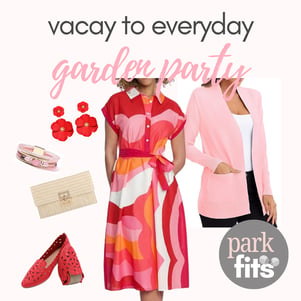 Colorful red and pink dress styled for a fun garden party