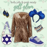Holly jolly & park ready Disney Hanukkah outfit inspiration: gelt glam gold, bronze, and blue sequined park fit