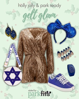 Holly jolly & park ready Disney Hanukkah outfit inspiration: gelt glam gold, bronze, and blue sequined park fit