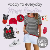 Black and white striped top with red accent and white shorts, paired with accessories for a perfect day at Disney's Magic Kingdom OR for the neighborhood potluck