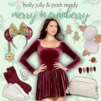 Holly jolly & park ready Disney Christmas outfit inspiration: cranberry velvet dress with gold and white fur accents
