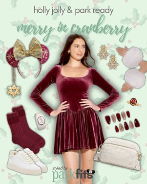 Holly jolly & park ready Disney Christmas outfit inspiration: cranberry velvet dress with gold and white fur accents