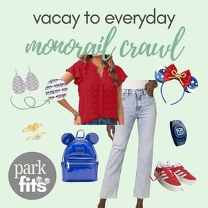 Red blouse and wide-leg jeans styled for a Disney World Monorail crawl