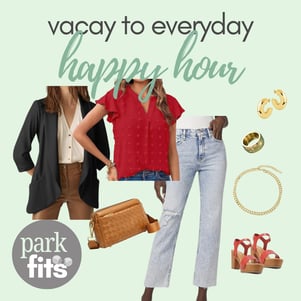 Red blouse and wide-leg jeans styled for happy hour with your friends