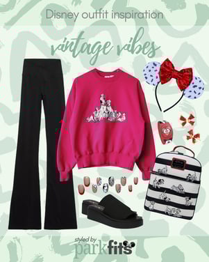 Vintage Disney outfit inspiration 101 Dalmatians vintage sweatshirt with black, white, and red themed accessories