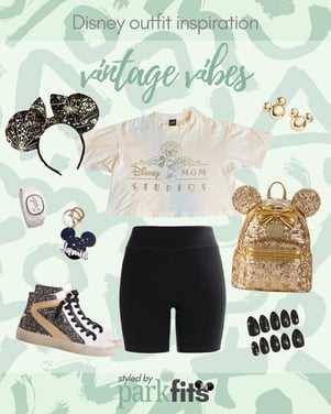 Vintage Disney outfit inspiration late '80s embroidered Disney MGM Studios cropped tee with coordinating black and gold accessories
