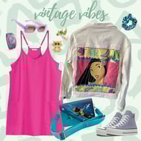 Vintage Disney outfit inspiration '90s Pocahontas jean jacket with magenta and teal outfit