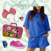 Vintage Disney outfit inspiration '80s Minnie bag with bright blue, orange, pink, and green accessories