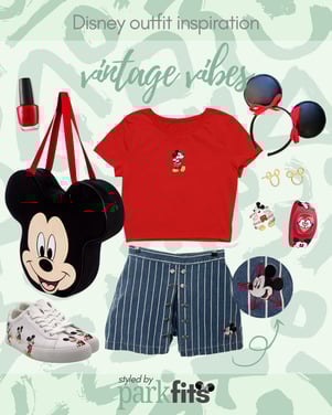 Vintage Disney outfit inspiration ‘90s denim striped skort with embroidered mickey and all the red and black Mickey accessories