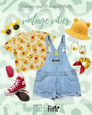 Vintage Disney outfit inspiration inspired by Y2K Hunny shortalls Winnie the Pooh Disneybound