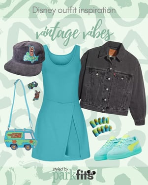 Vintage Universal Studios outfit inspiration ‘90s corduroy snap-back Scooby Doo hat with black jean jacket and lime and teal Scooby Doo accessories