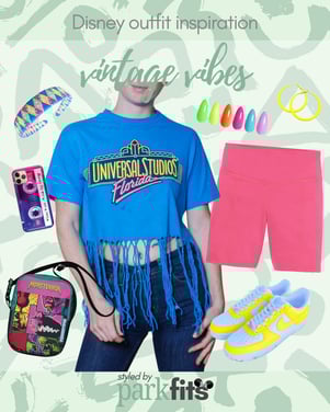 Vintage Universal Studios outfit inspiration '80s fluorescent cropped fringed tee with technicolor accessories