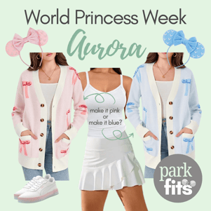 World Princess Week Aurora Sleeping Beauty inspired outfit with pink and blue sweater and ears options