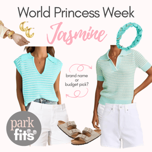 World Princess Week Jasmine inspired outfit with braided headband and chunky gold jewelry