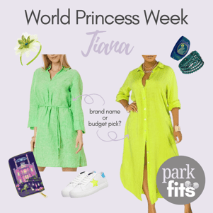 World Princess Week Tiana inspired outfit with budget pick and brand name dresses, Loungefly wallet, MagicBand+, and cute matching accessories