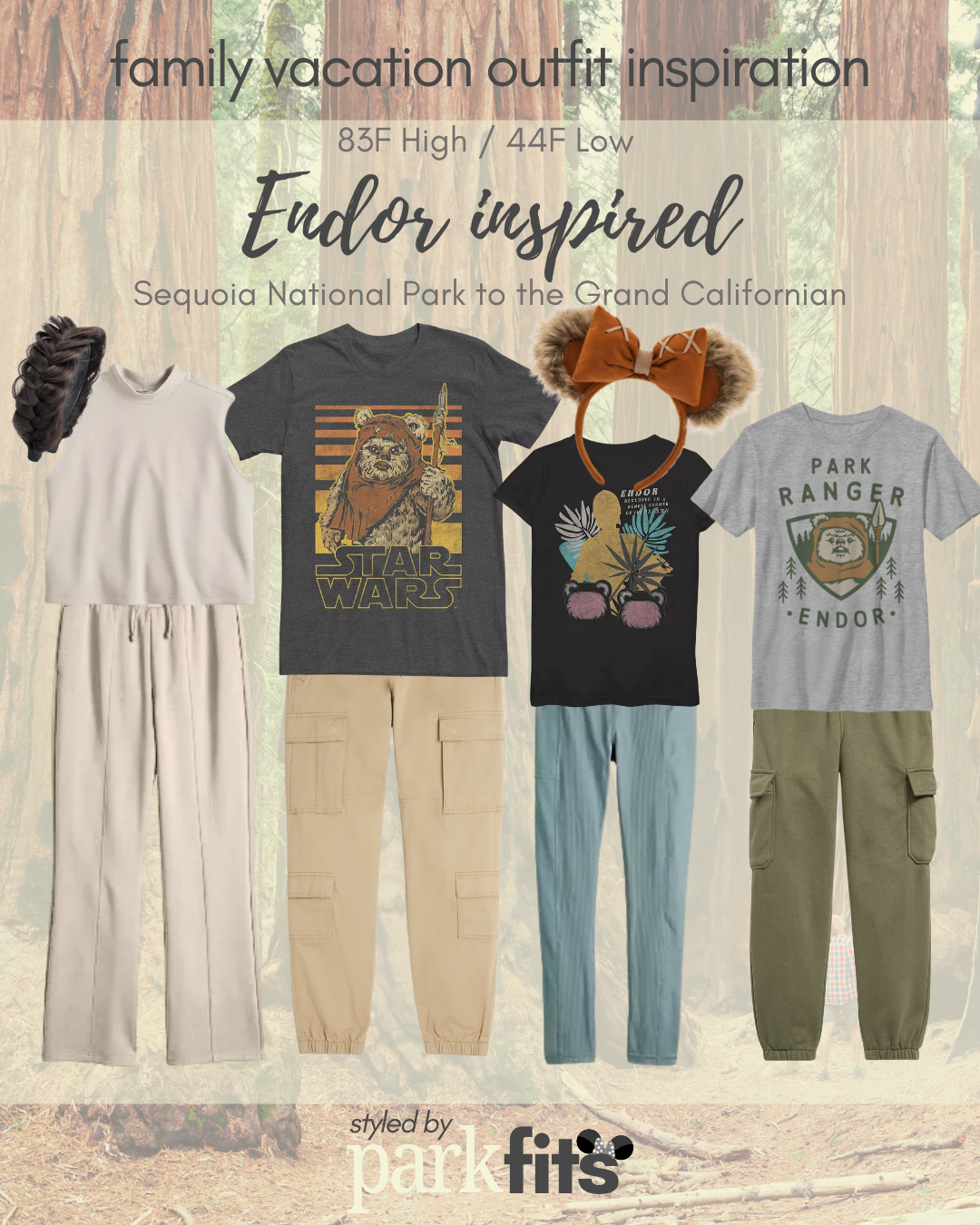 Disney family outfit inspired by Star Wars & Endor for Sequoia National Park and travel to the Grand Californian Hotel & Spa