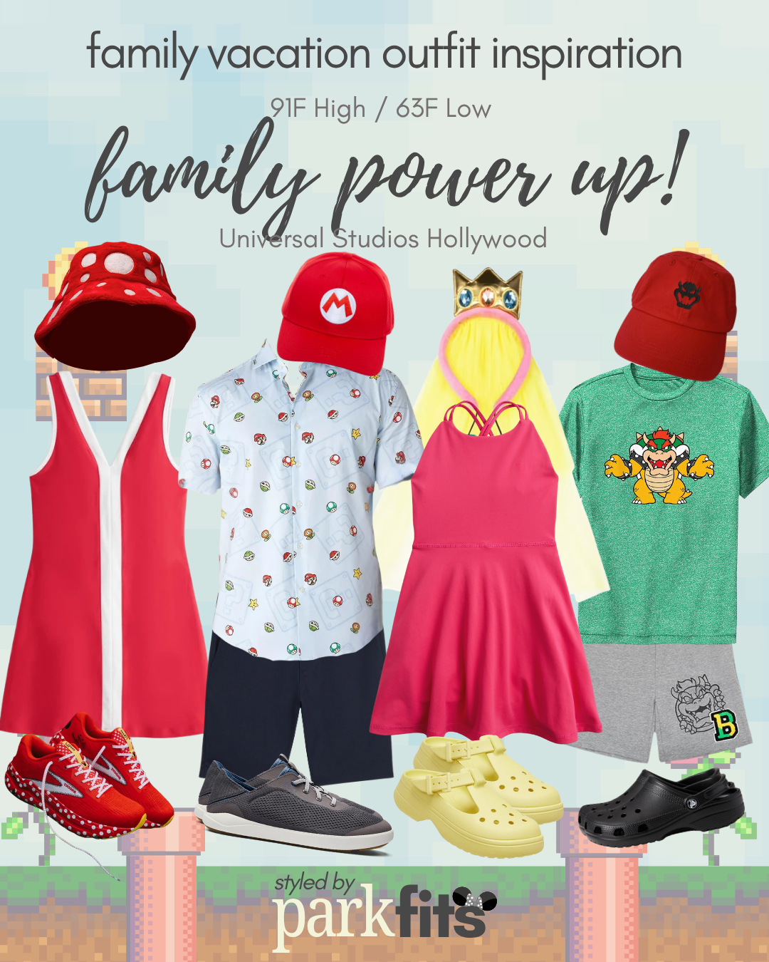 Universal Hollywood Nintendo Mario themed family outfit inspiration