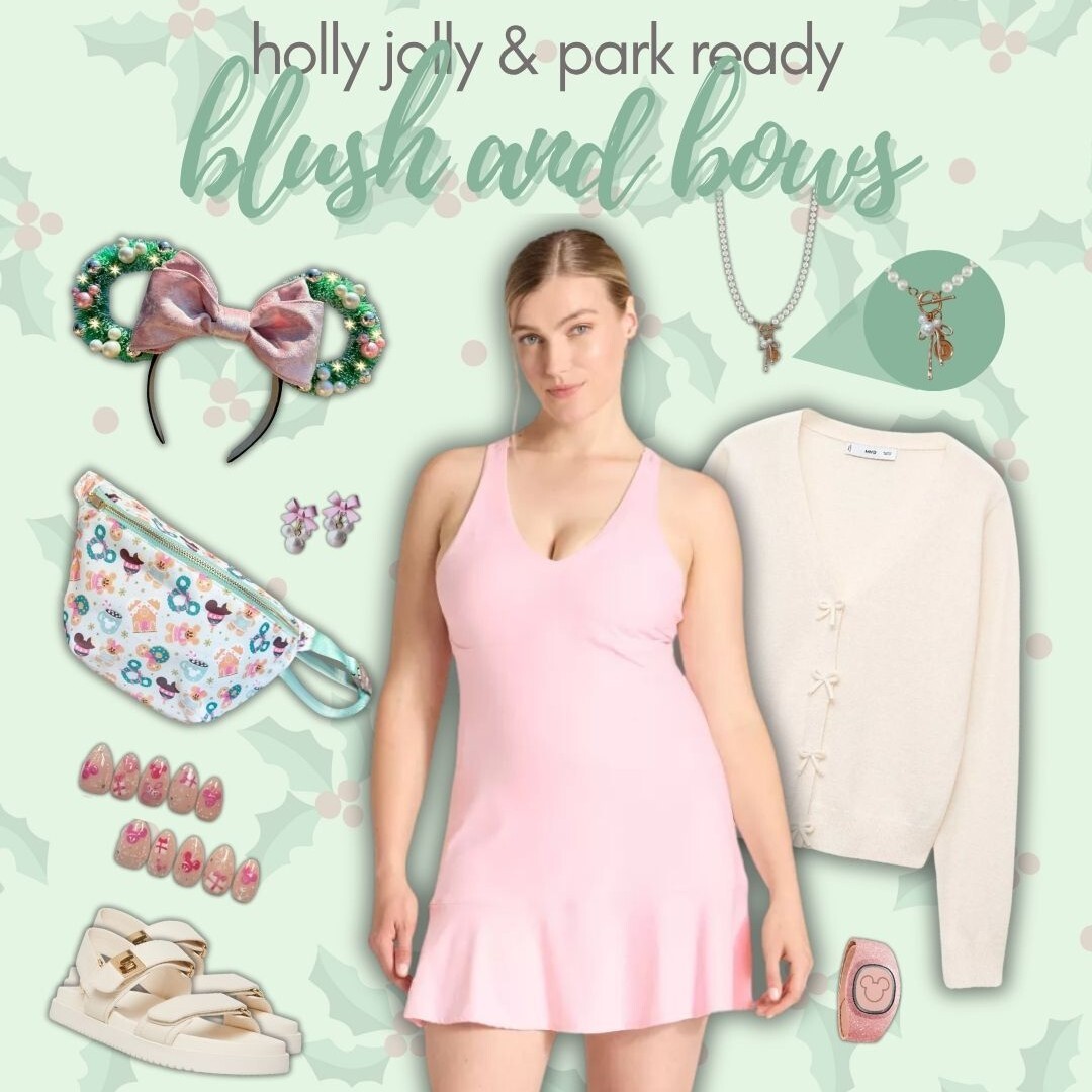 Holly jolly & park ready Disney Christmas outfit inspiration: blush and bows pretty pink & green festive holiday fit
