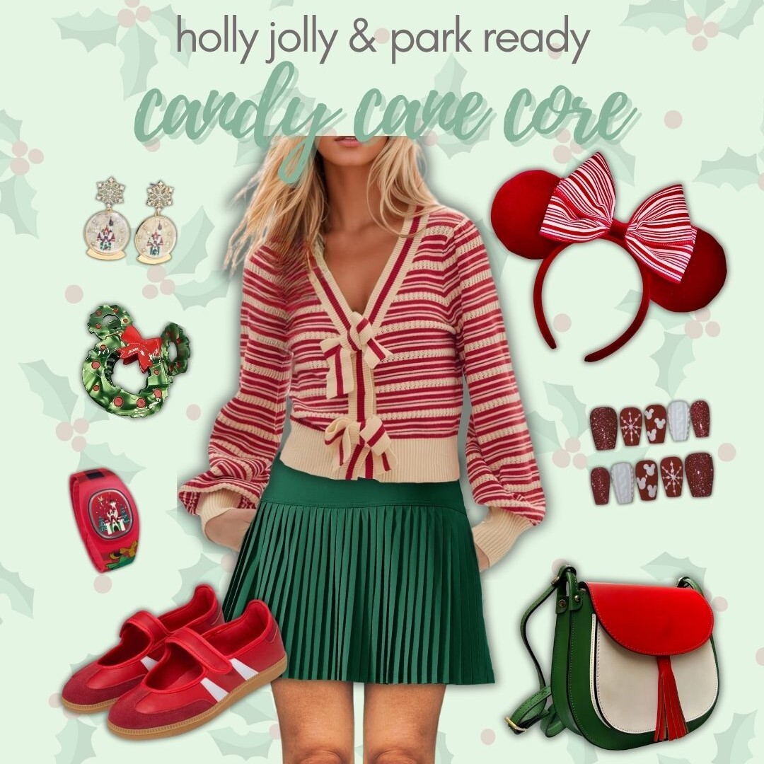 Holly jolly & park ready Disney Christmas outfit inspiration: candy cane core red, white, and green festive park fit