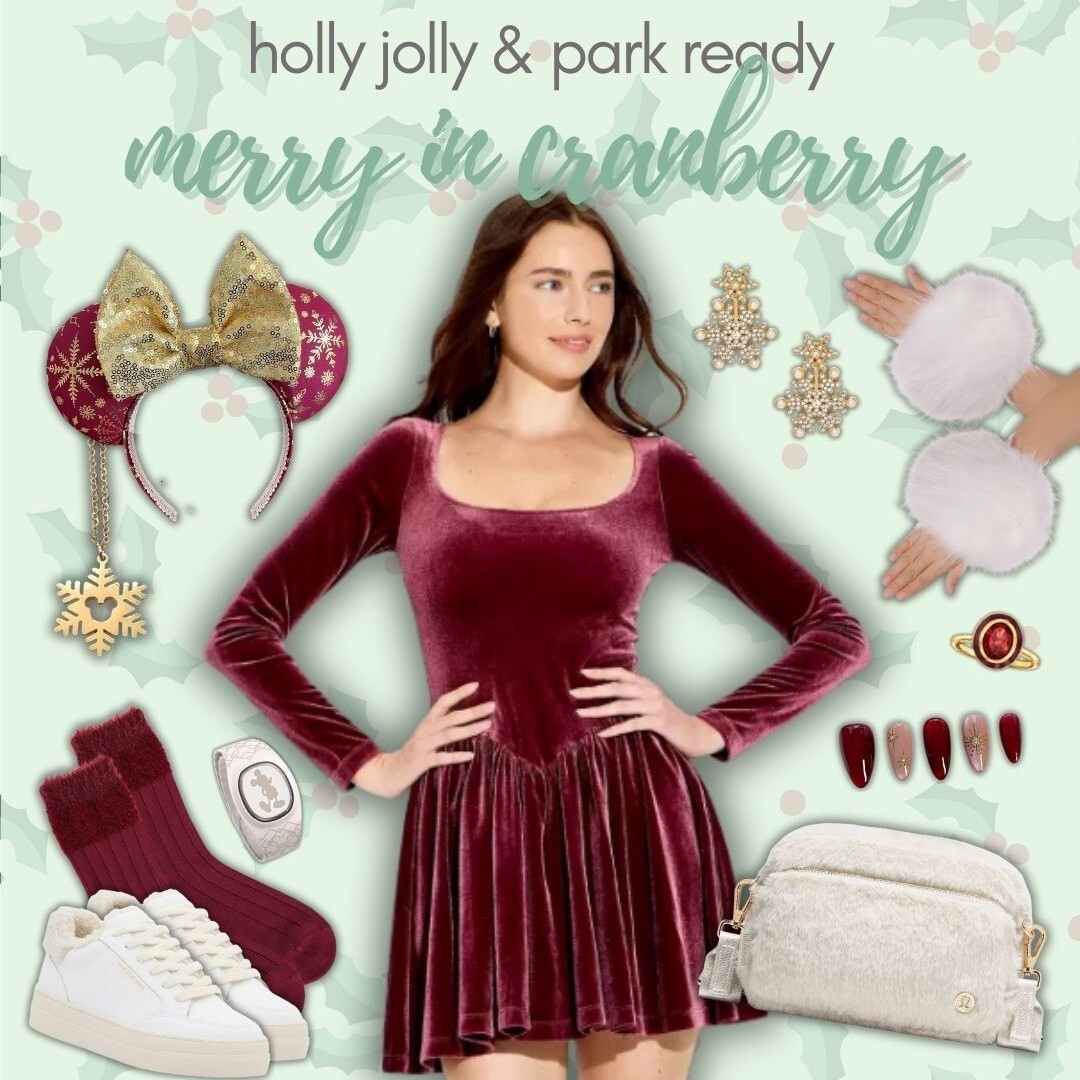 Holly jolly & park ready Disney Christmas outfit inspiration: cranberry velvet dress with gold and white fur accents